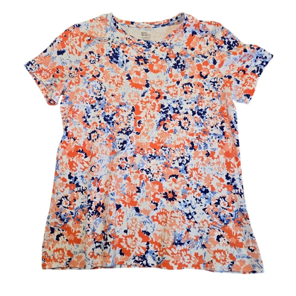 Kim Rogers Floral T-Shirt Womens Small Orange Blue White Cotton Crew‎ Neck Tee